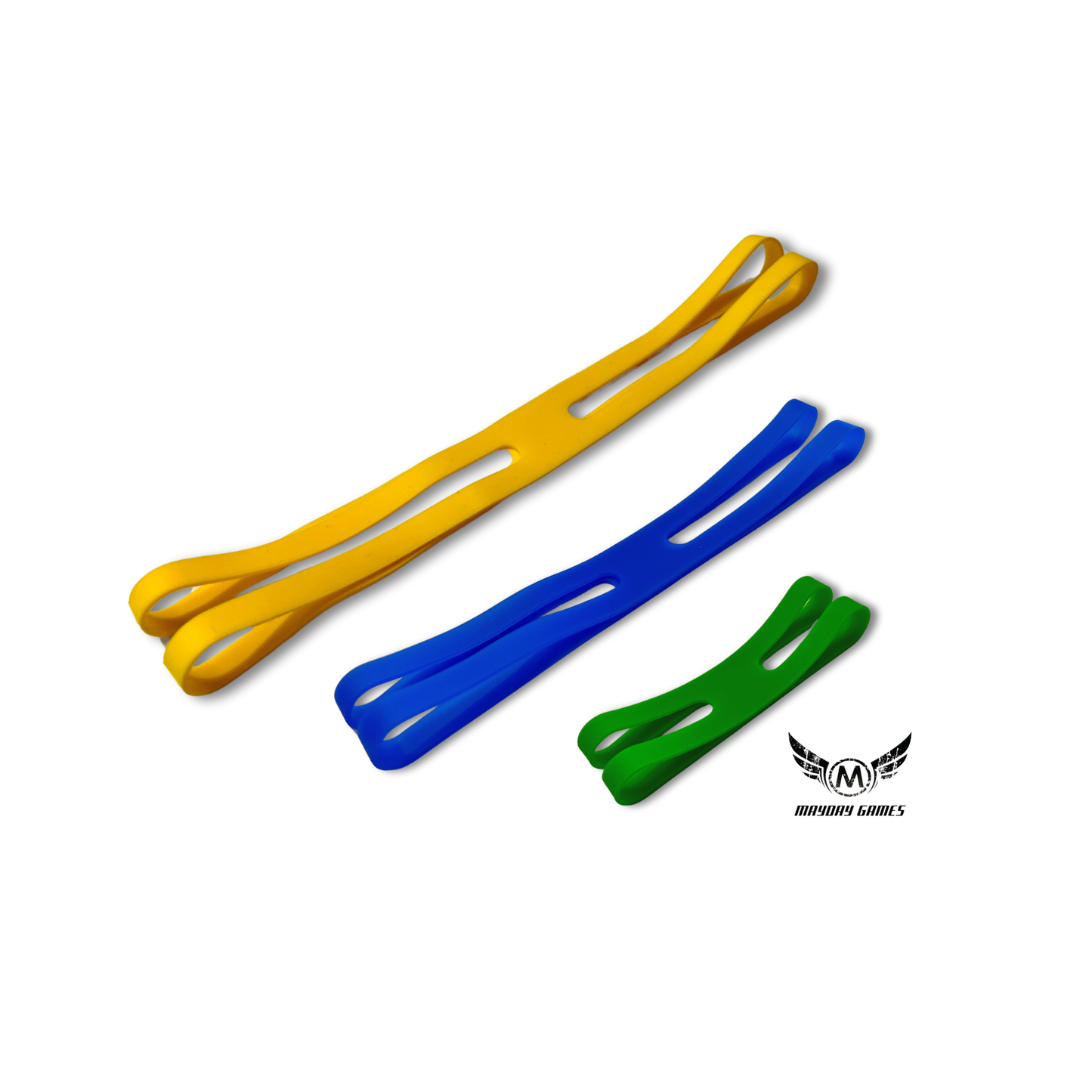 ReDesign Silicagel-Bänder im Bundle in gelb, blau und grün in den Größen "Large, Medium und Small" für kleine bis große Brettspiele oder Kartenspiele von Mayday Games. Ideal für den Transport und Lagerung im Regal geeignet. Schütz zusätzlich den Spielkarton vor Beschädigung. Langlebieg und Robust.