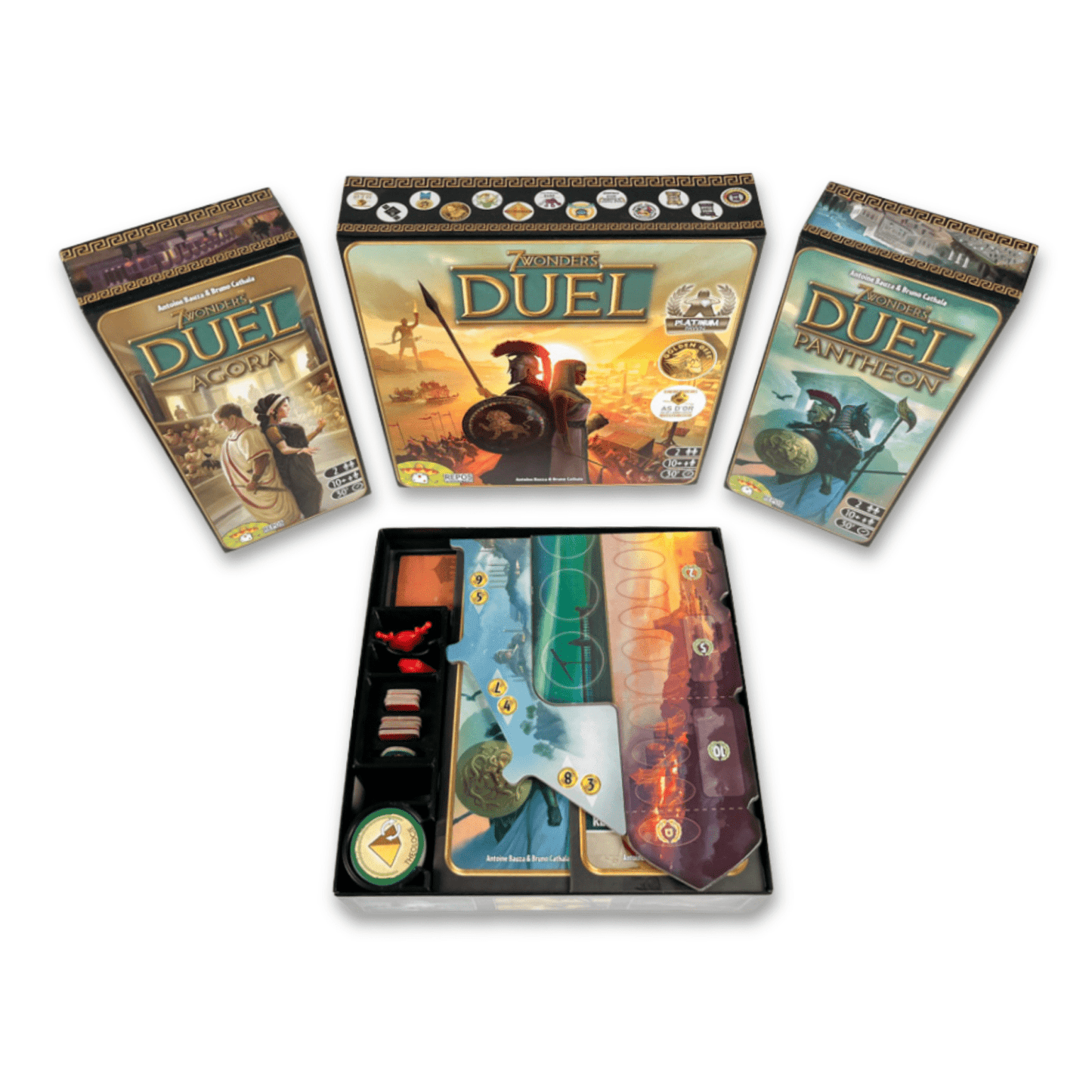 7 Wonders Duel Brettspiel mit den Erweiterungen Pantheon und Agora, inklusive maßgefertigtem Insert von ReDesign zur organisierten Aufbewahrung von Karten, Tokens und Spielmaterial